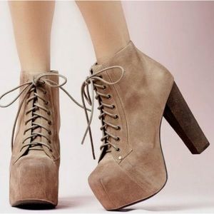 Jeffrey Campbell Lita Platform Chunky Block Heel Lace Up Booties Tan Brown Suede